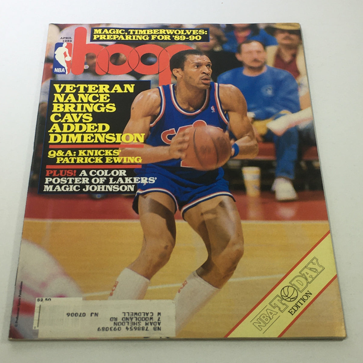 Hoop NBA Magazine: April 1989 featuring Veteran Nance, showcasing his impact on the Cavaliers, with cover highlights and additional content on Knicks' Patrick Ewing and Lakers' Magic Johnson.