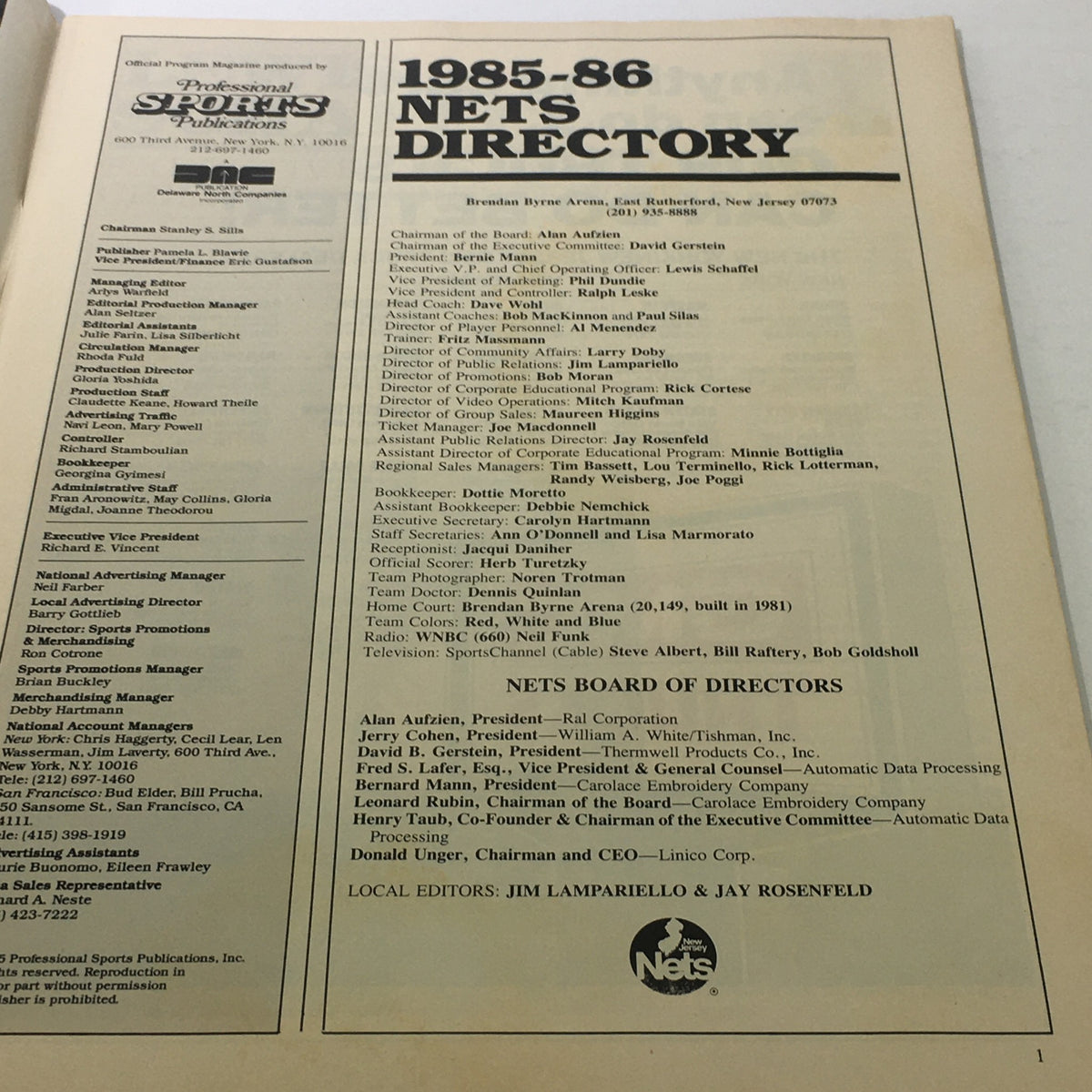 1985-86 Nets Directory featuring organizational details of the New Jersey Nets, showcasing the title 'Hoop NBA Magazine: 1980s - Milwaukee Bucks' Terry Cummings Signature - No Label'.