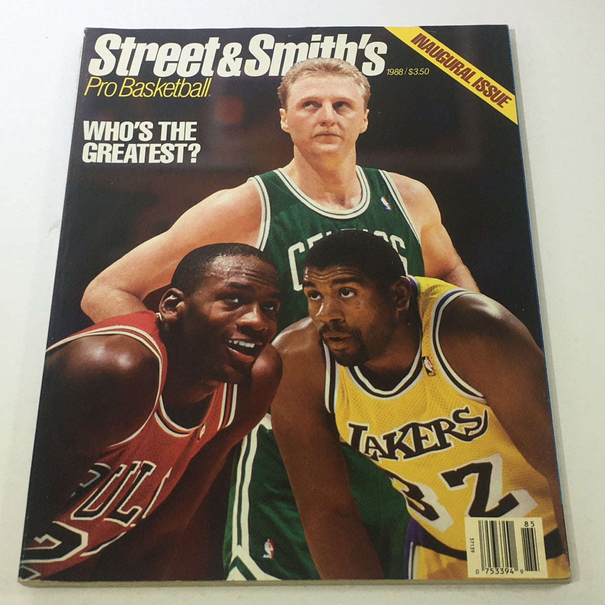 Street & Smith's Magazine from 1988 featuring Larry Bird, Michael Jordan, and Magic Johnson on the cover, showcasing the iconic basketball players and the question 'Who's the Greatest?' This collectible vintage magazine highlights the competitive spirit of the NBA during the 1980s.