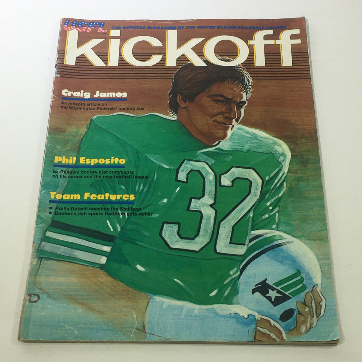 Cover of Kickoff USFL Magazine: 1983 - Volume I Issue 2 featuring Craig James in a green football jersey with the number 32, highlighting articles about USFL stars and team features.