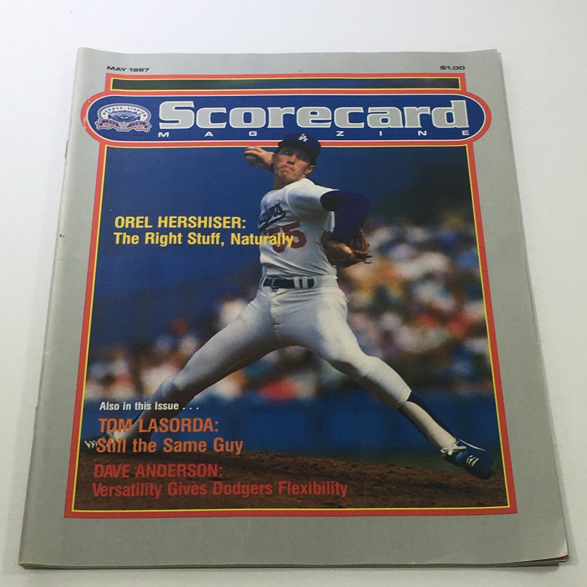 MLB Scorecard Magazine cover from May 1987 featuring Orel Hershiser, titled 'Orel Hershiser: The Right Stuff, Naturally'. The image showcases Hershiser in a pitching pose, representing his time with the Los Angeles Dodgers.