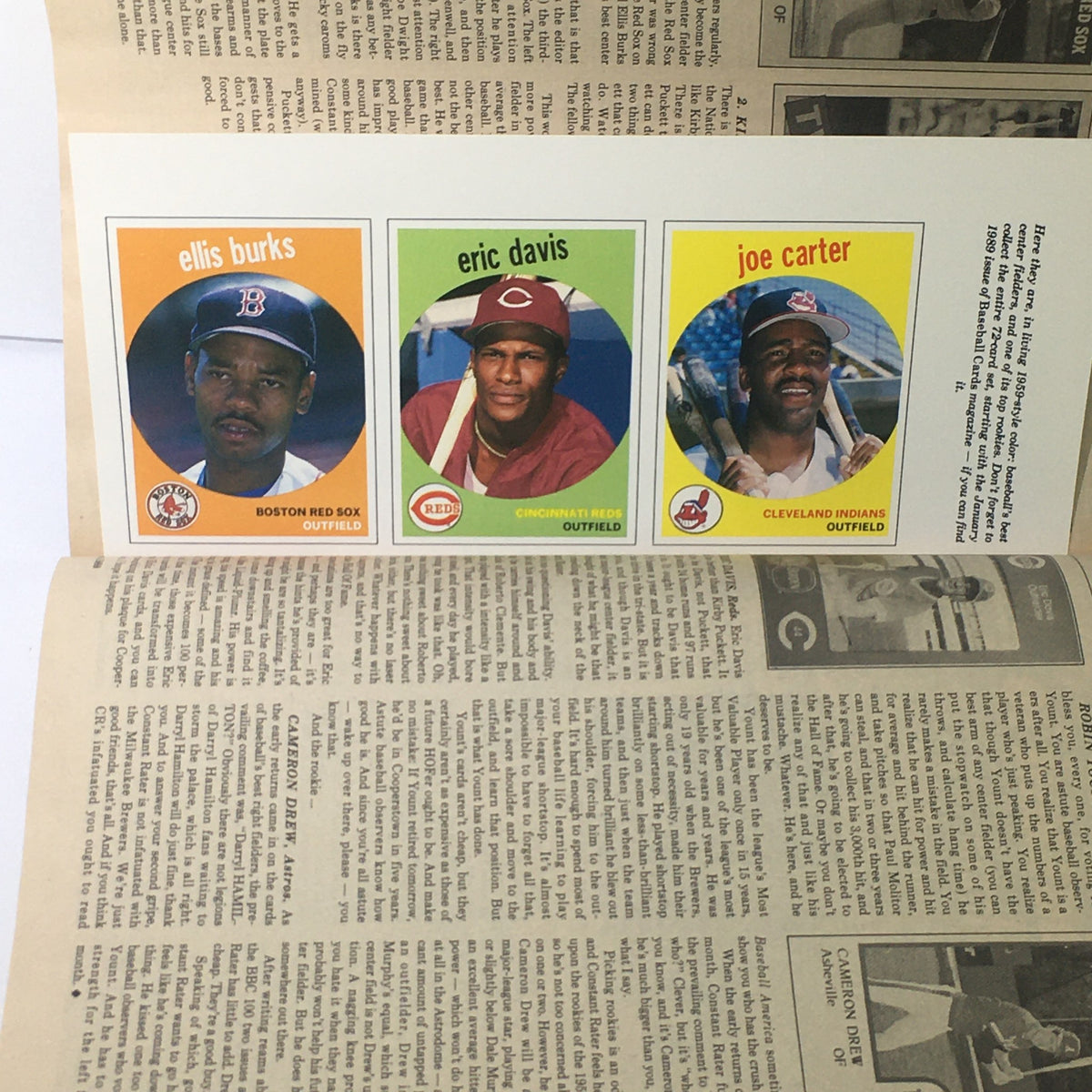 Page from Baseball Cards Magazine: June 1989 featuring player cards of Ellis Burks, Eric Davis, and Joe Carter, showcasing their photos and teams.