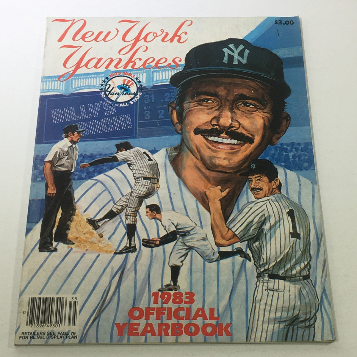 Cover of the 'New York Yankees: 1983 Official Yearbook - Billy Martin's Back - No Label', featuring a smiling Billy Martin in a Yankees cap, with images of players in action and a Yankees logo. The yearbook highlights the 1983 MLB season.