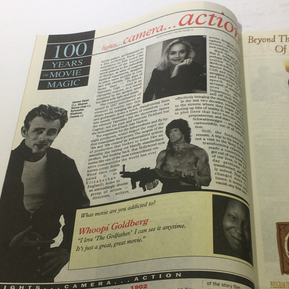 Interior page of Daily News Magazine, November 19, 1995, showcasing '100 Years of Movie Magic' with photographs of James Dean and Whoopi Goldberg along with movie quotes.