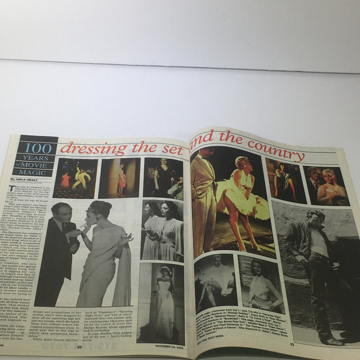 Page from Daily News Magazine, November 19, 1995, displaying '100 Years of Movie Magic' with images of actors and film sets.