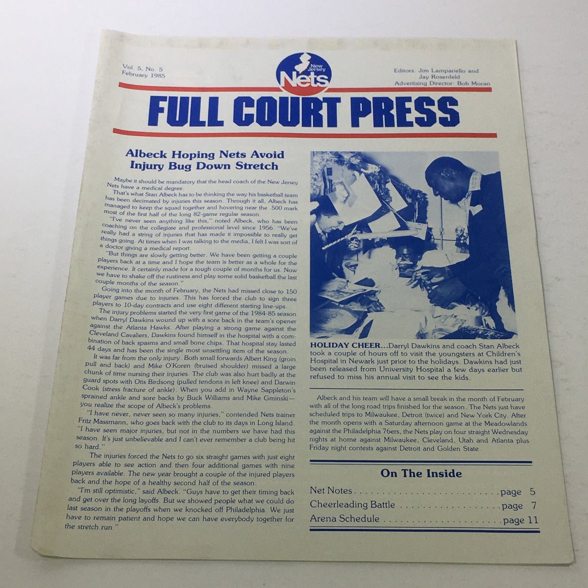 Cover of 'Nets Full Court Press: February 1985 - Vol. 5 No. 5' featuring the title and editorial details. The image shows a headline about coach Sam Albeck and his concerns regarding injuries affecting the team.