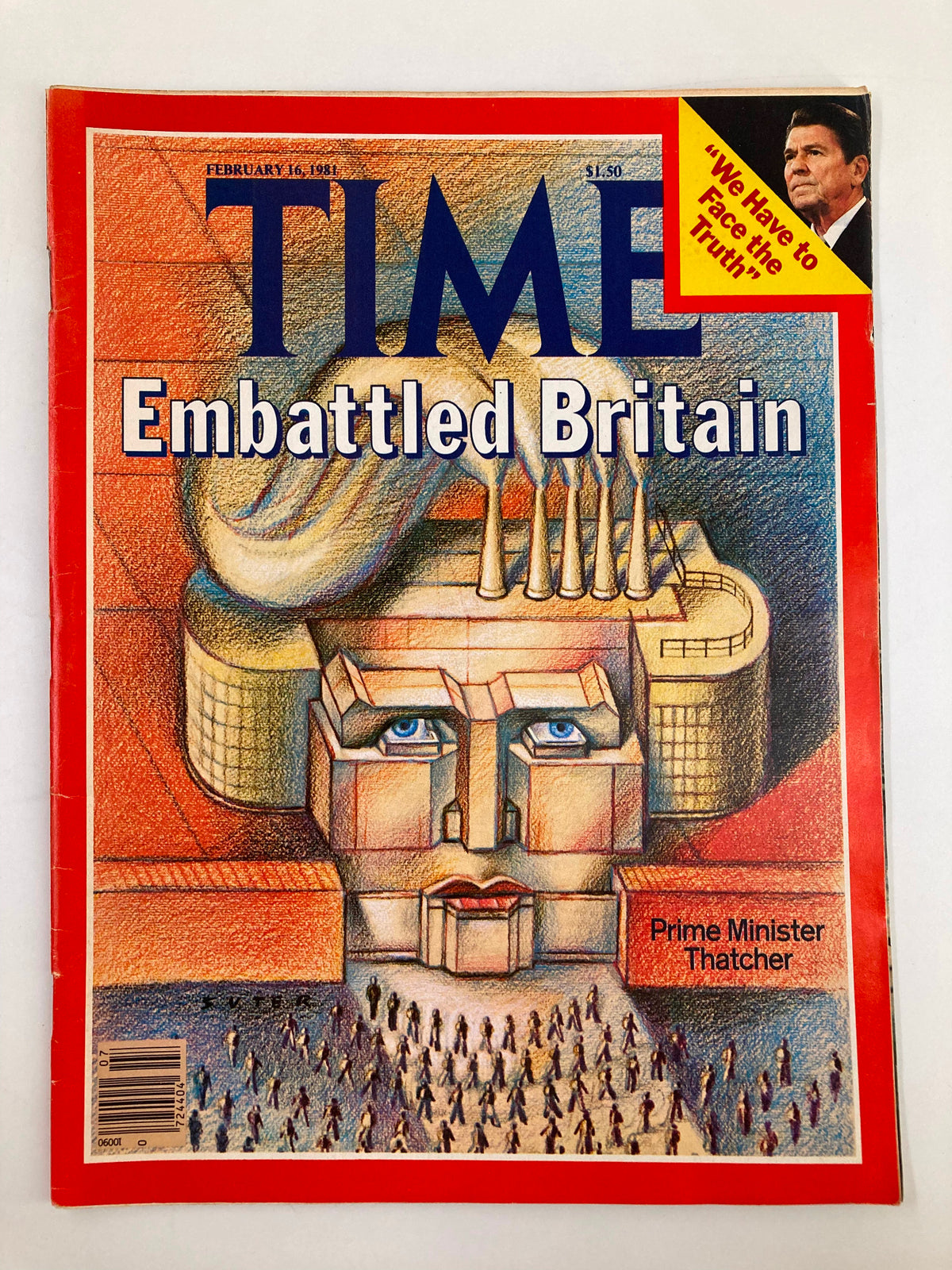 Vintage Time Magazine cover from February 16, 1981, featuring the title 'Embattled Britain', with an artistic depiction of Prime Minister Thatcher and a turbulent political atmosphere. Ideal for collectors of historical magazines.