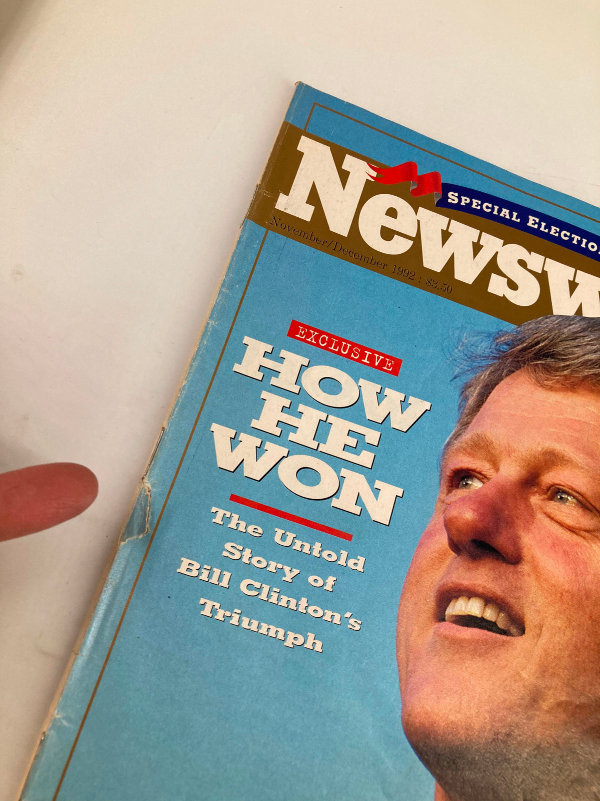 Close-up of Newsweek Magazine November 1992 cover showing the title 'How He Won: The Untold Story of Bill Clinton's Triumph' and part of Bill Clinton's face.