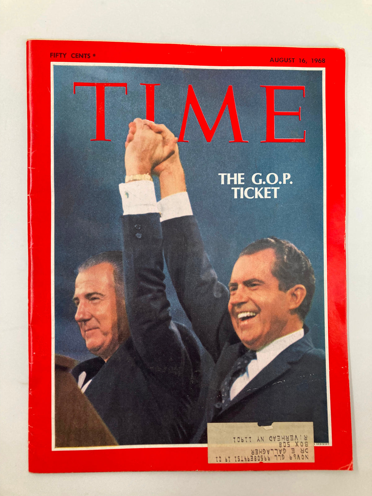 Vintage Time Magazine August 16 1968 featuring Spiro Agnew and Richard Nixon celebrating as the GOP ticket, highlighting a pivotal moment in American political history.