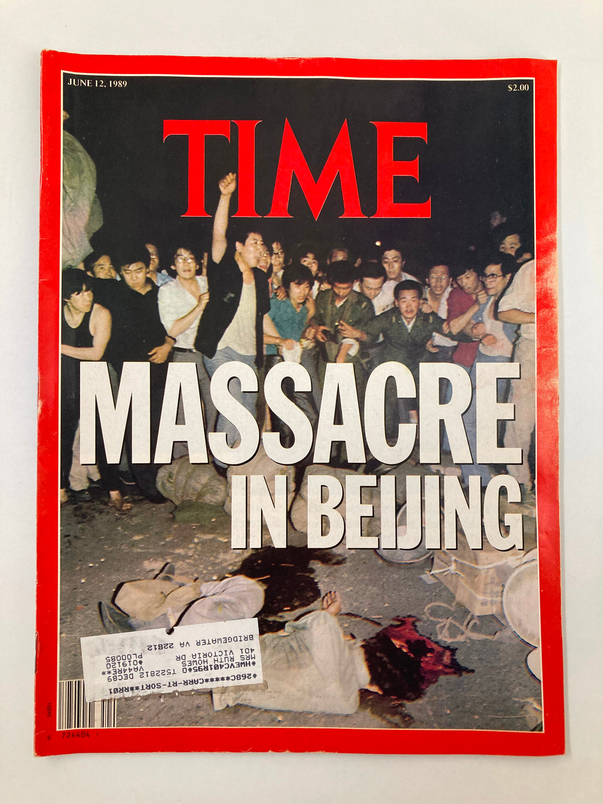 Cover of VTG Time Magazine June 12 1989 featuring the headline 'Massacre in Beijing', depicting protesters during the Tiananmen Square protests.