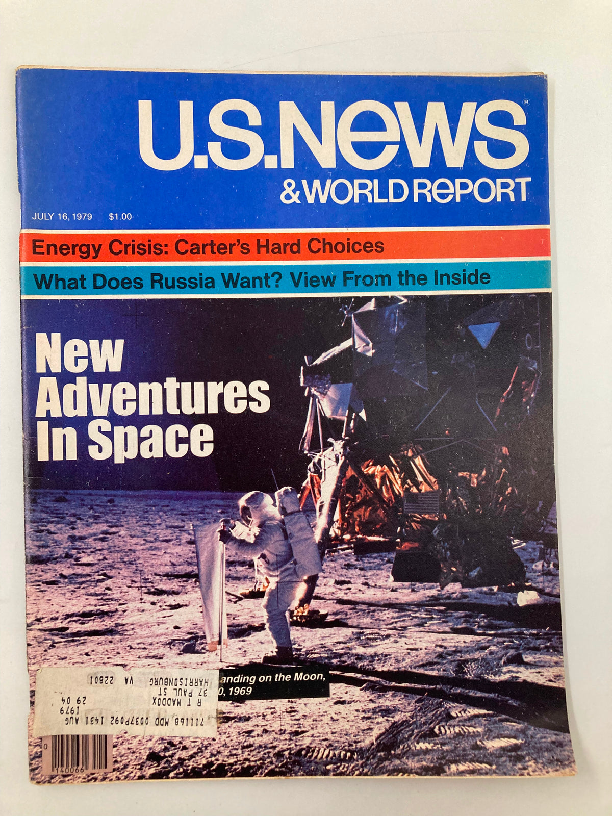 Cover of US News & World Report Magazine from July 16, 1979, featuring the headline 'New Adventures In Space', depicting an astronaut on the Moon with the lunar module in the background.