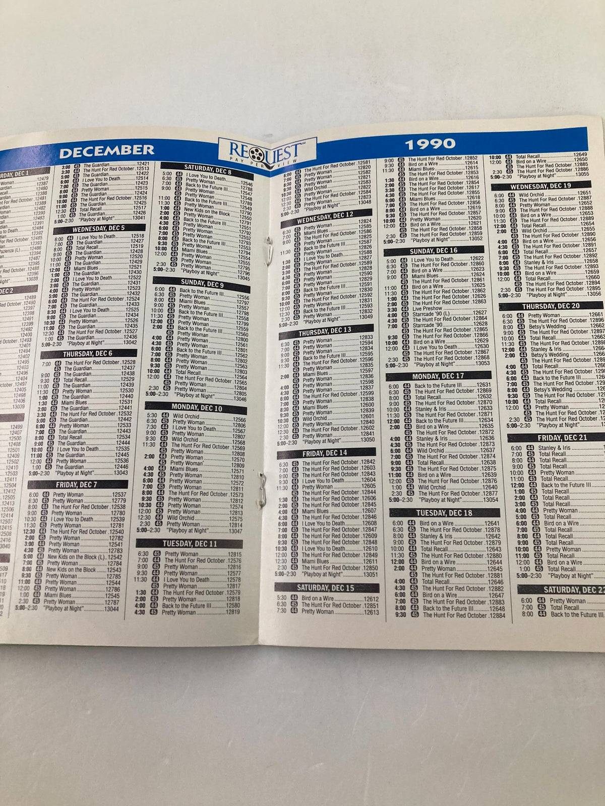 Prime Cable Magazine December 1990 schedule page displaying film broadcast timings including New Kids On The Block performances.