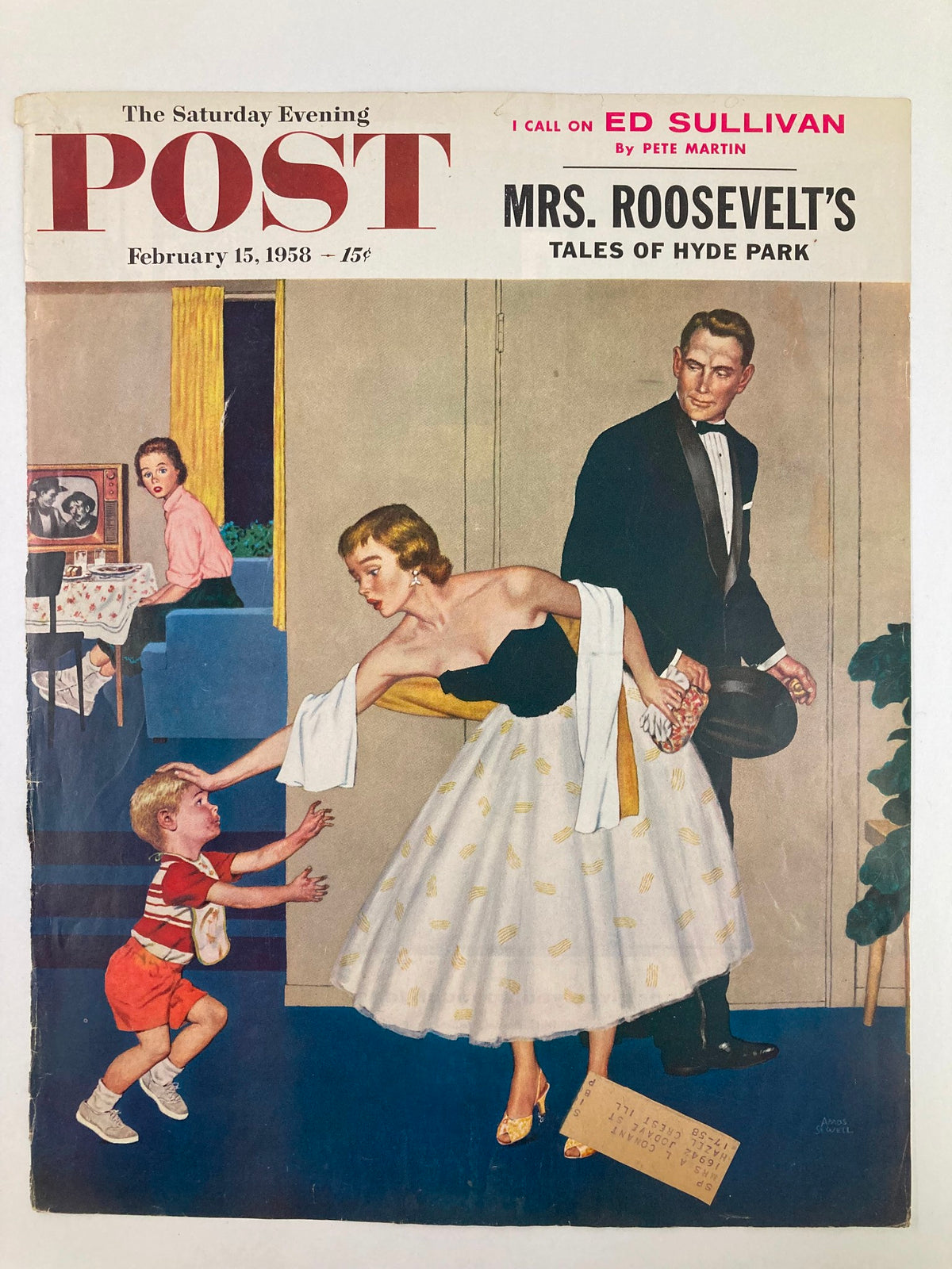 The Saturday Evening Post February 15, 1958 cover showcasing a vintage illustration of a woman in a stylish outfit and a shocked child, with a man in formal attire nearby, reflecting a humorous moment in family life.