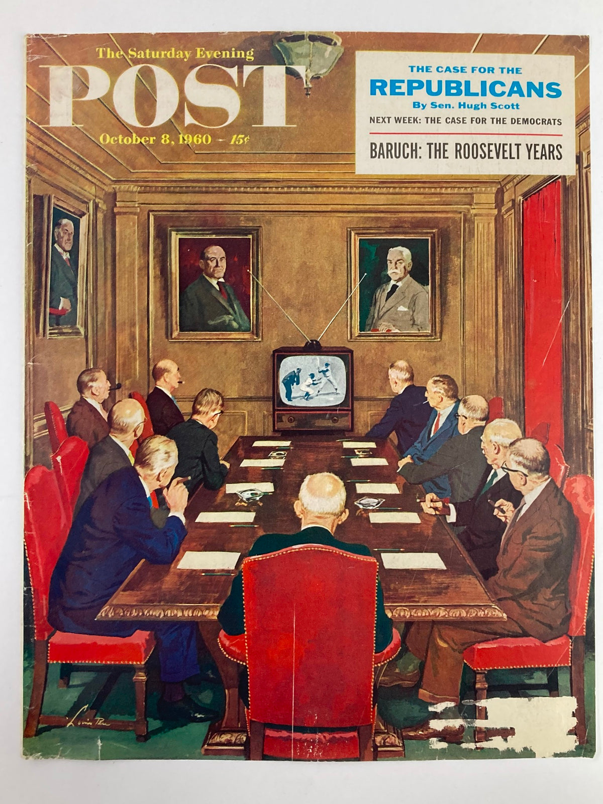 The Saturday Evening Post cover from October 8, 1960 titled 'Baruch: The Roosevelt Years', depicting a group of men in a conference room focused on a television, surrounded by historic portraits.