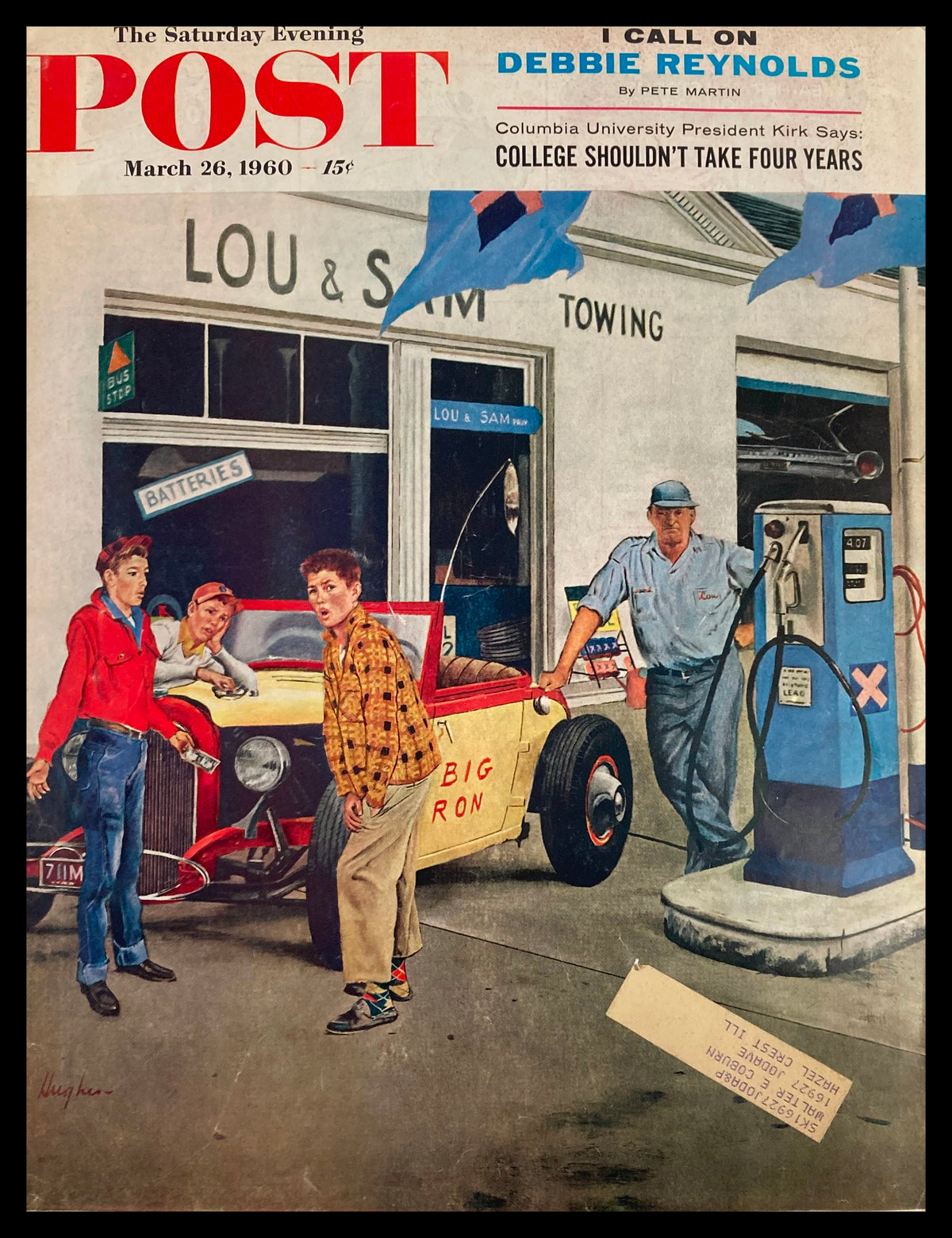 Cover of The Saturday Evening Post, March 26, 1960, featuring the title 'College Shouldn't Take 4 Years' with a scene depicting three young men and a mechanic at a gas station.