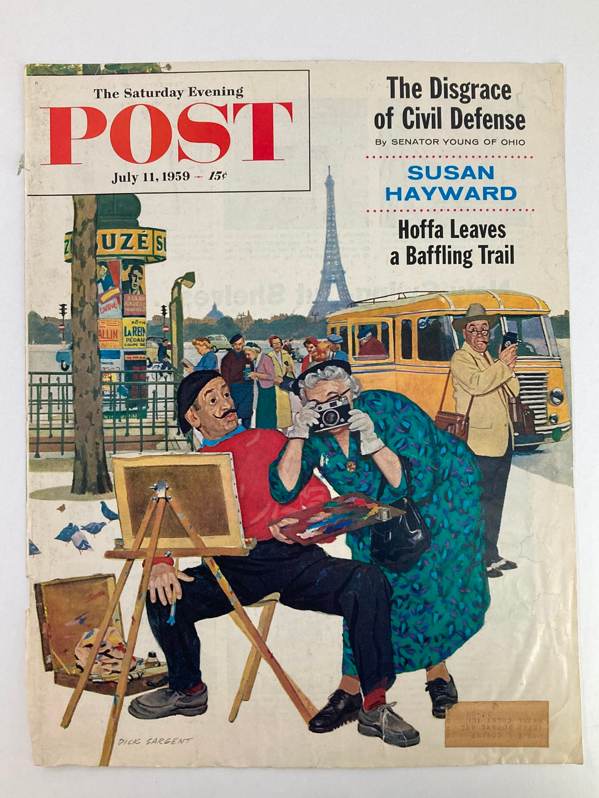 The Saturday Evening Post July 11 1959 cover showcasing artwork by Dick Sargent, illustrating a lively scene of street artists and onlookers in front of the Eiffel Tower.