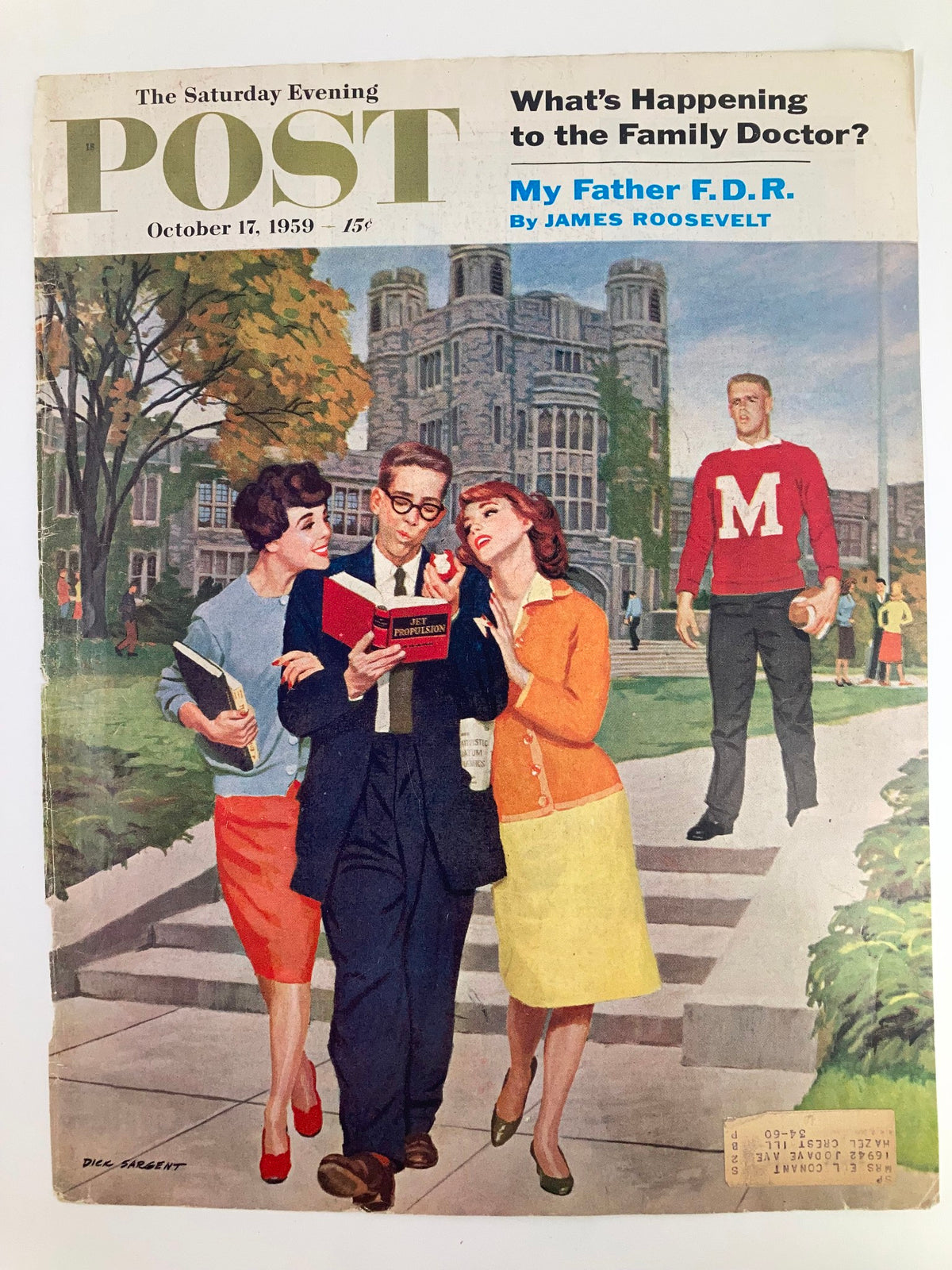 The Saturday Evening Post cover from October 17, 1959, showcasing a colorful scene of students on campus, highlighting the article My Father F.D.R., written by James Roosevelt.