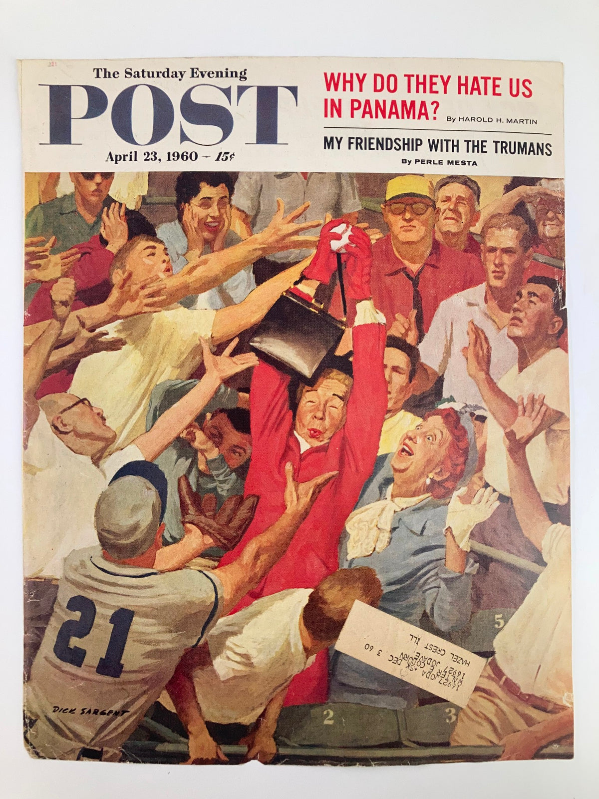 Image of The Saturday Evening Post April 23 1960 cover, showcasing a colorful crowd reacting to a moment of excitement, includes the prominent headline 'Why Do They Hate Us In Panama?' and articles from Harold H. Martin and Perle Mesta.