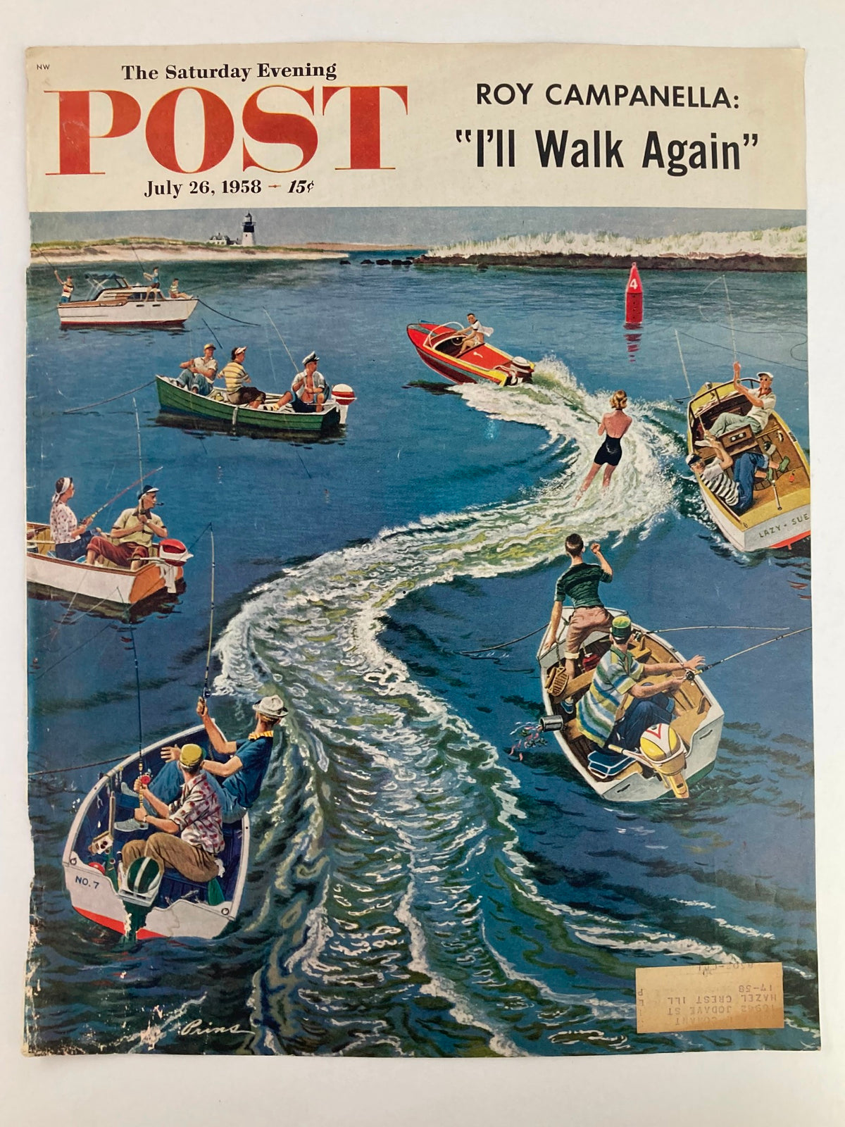 Close-up view of the vintage cover of The Saturday Evening Post, July 26, 1958, highlighting Roy Campanella's message "I'll Walk Again" over a watercolor illustration of recreational activities on water.