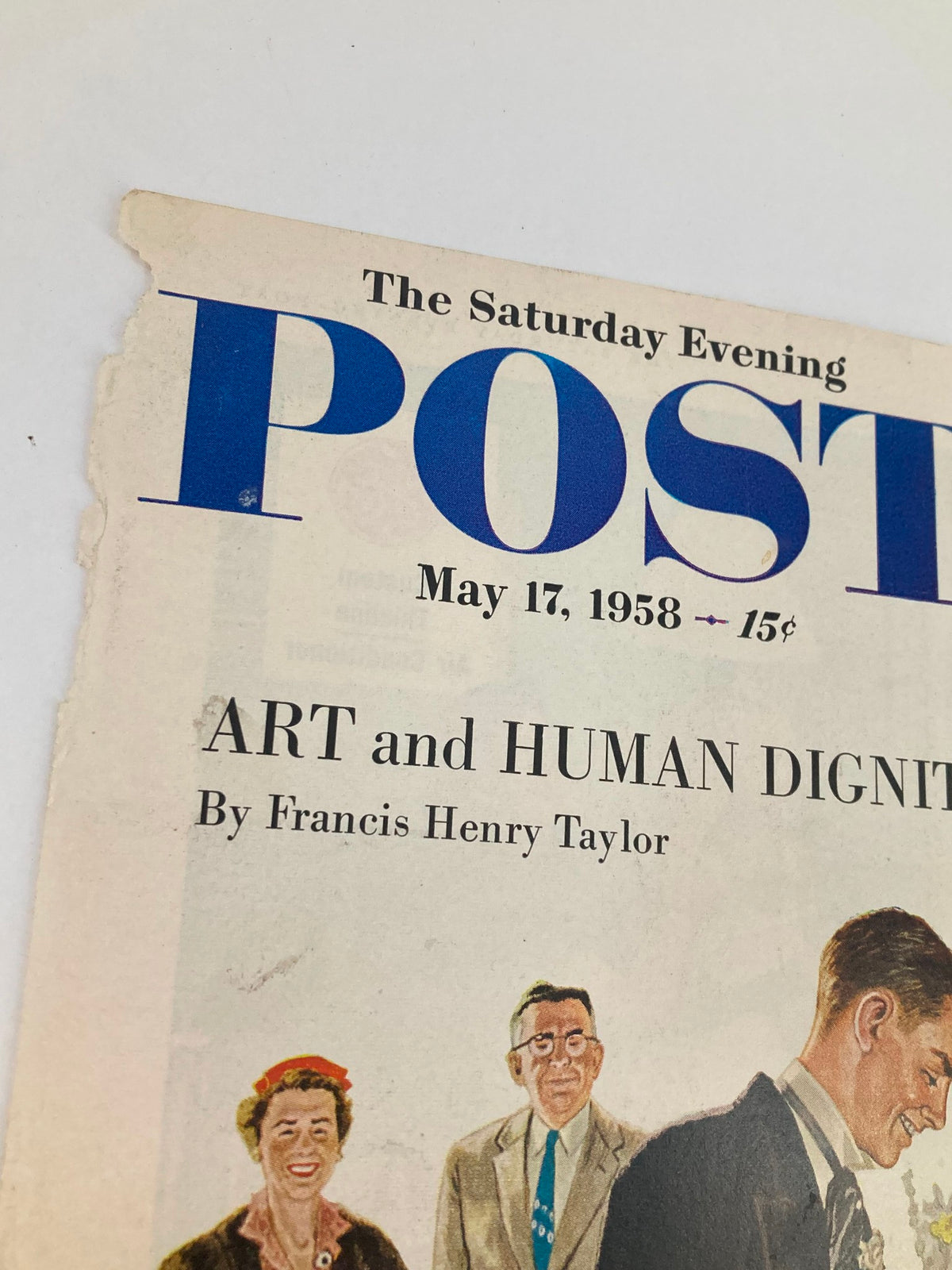 Close-up of The Saturday Evening Post cover from May 17, 1958, illustrating 'A Visit with Jack Dempsey,' showcasing detailed artwork and vintage magazine features.