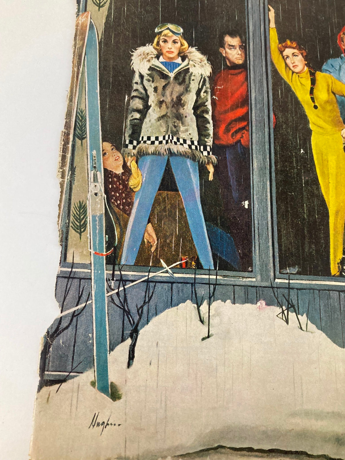 Detailed view of The Saturday Evening Post cover dated January 31, 1959, focusing on the figure skater Carol Heiss, Queen of Ice, and ski gear presented in the artwork.