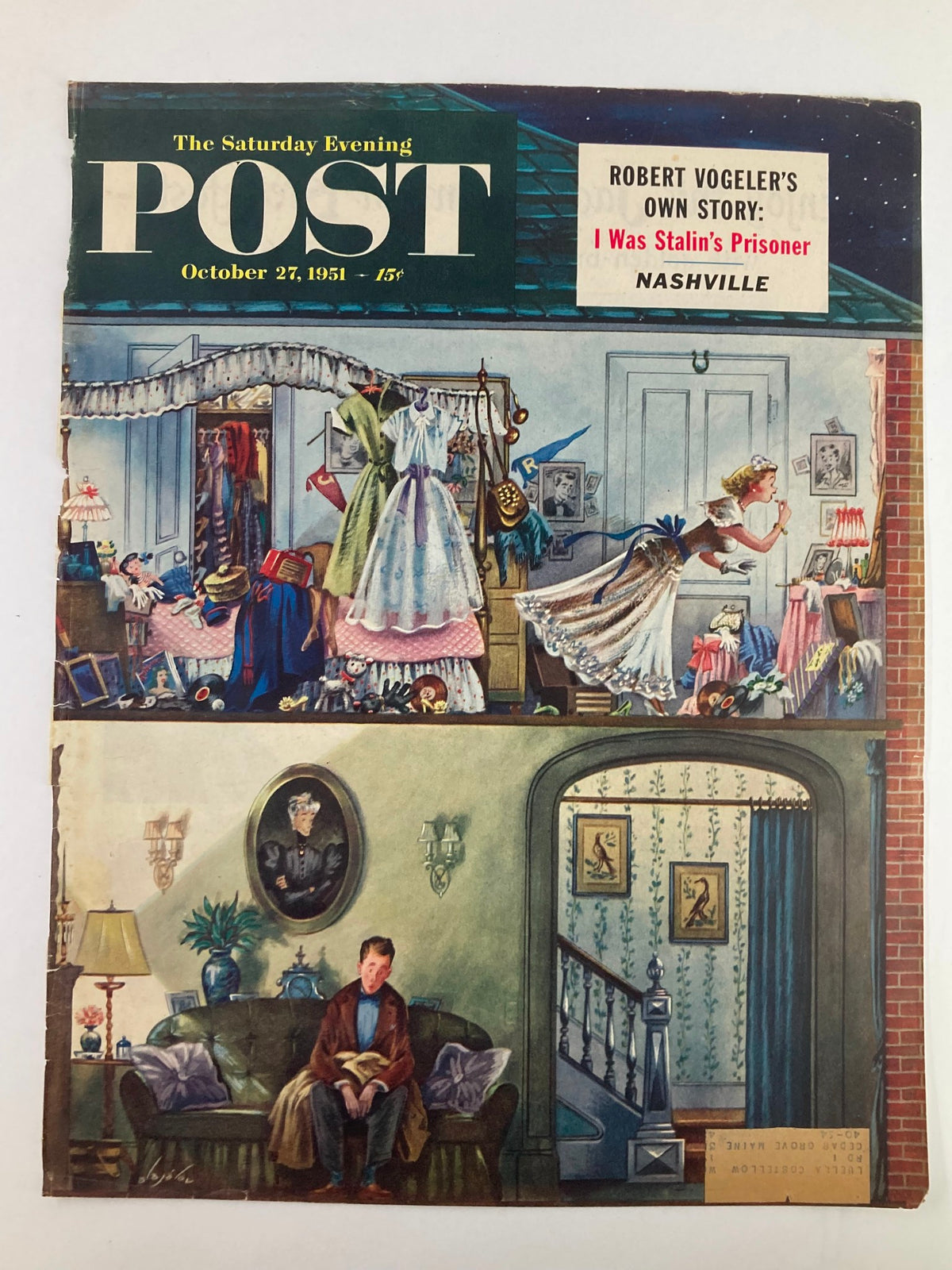 Cover of The Saturday Evening Post from October 27, 1951, featuring an illustration depicting a domestic scene with diverse characters, including a man seated on a sofa and a woman interacting with a closet full of dresses, alongside a label highlighting Robert Vogeler's story 'I Was Stalin's Prisoner,' capturing a glimpse of vintage Americana.