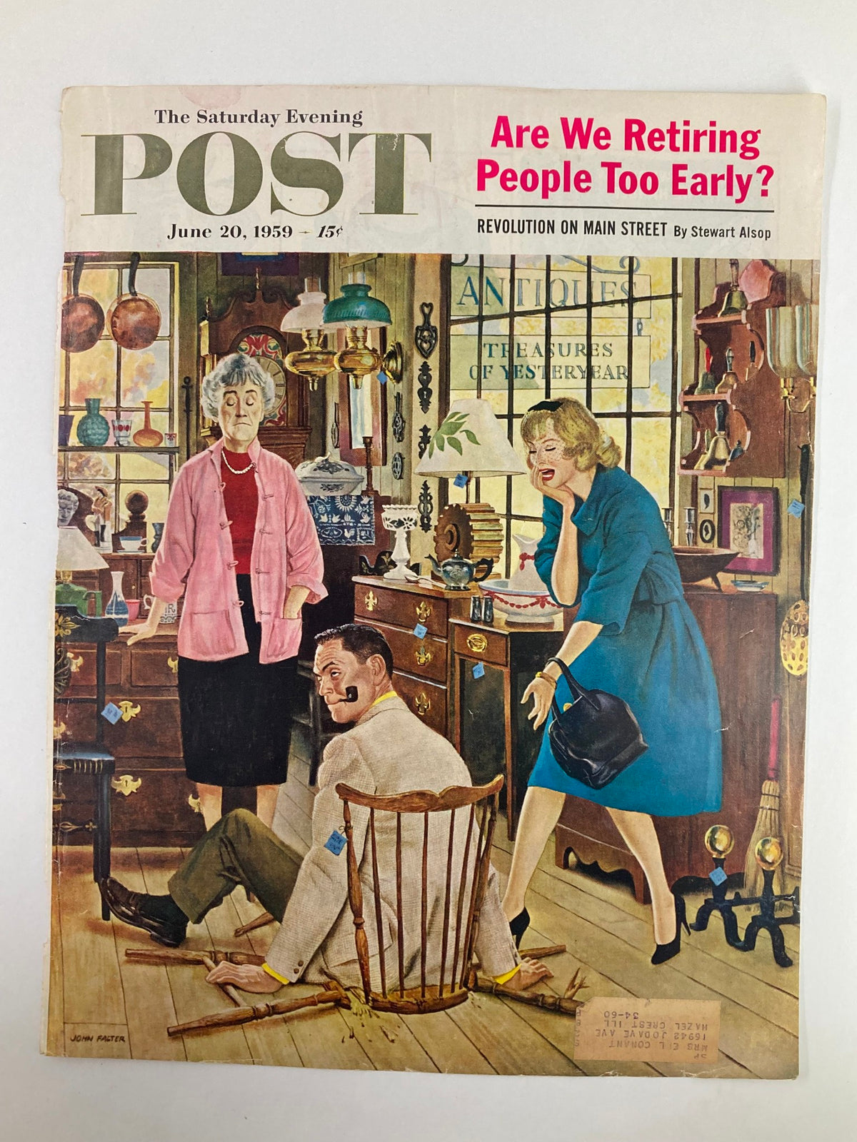 Cover of The Saturday Evening Post June 20 1959 titled 'Revolution on Main Street,' showcasing a cartoonish illustration of a distressed man on the floor amid cluttered antiques, with three women reacting in surprise.