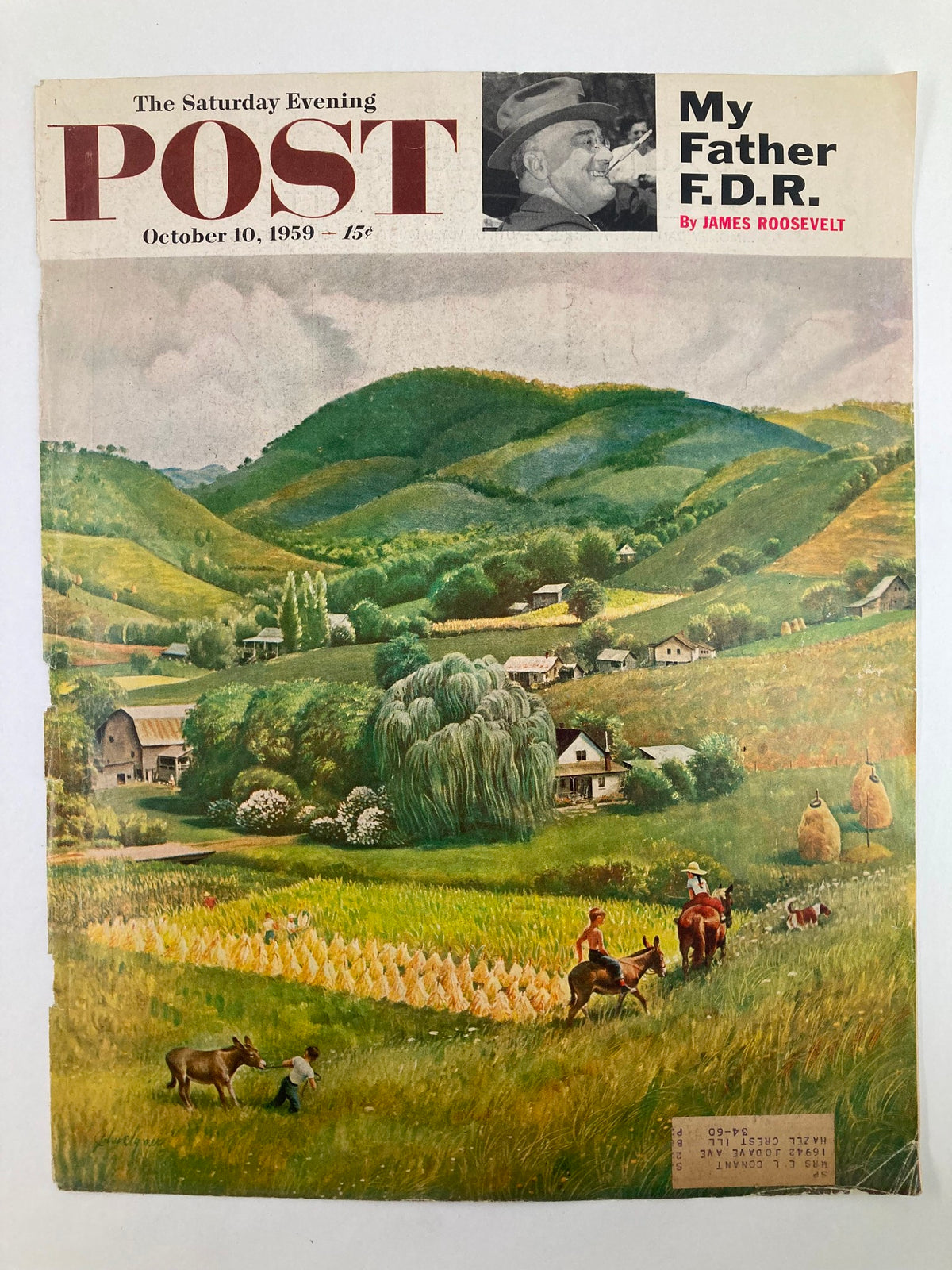 The Saturday Evening Post October 10 1959 cover featuring a pastoral scene with children and animals in a vibrant green landscape, highlighting the theme of nostalgia and Americana.