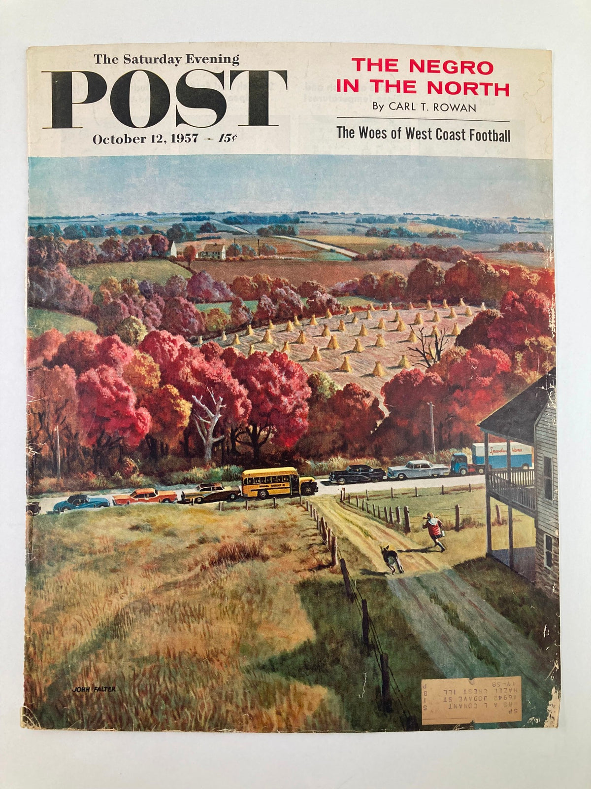 Front cover of The Saturday Evening Post dated October 12, 1957 featuring the artwork 'The Negro in the North' by John Falter, depicting a colorful rural landscape.