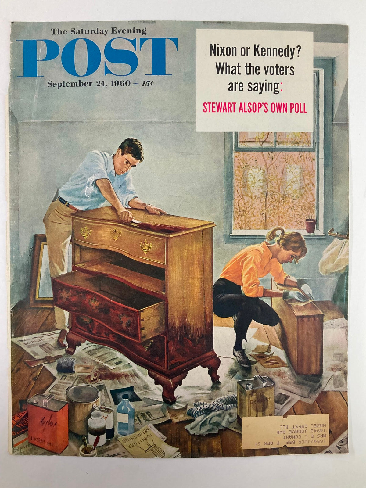 The Saturday Evening Post cover dated September 24, 1960, titled 'Stewart Alsop's Own Pool'. The illustration shows a young man and woman engaged in home restoration, surrounded by tools and materials, capturing vintage Americana.
