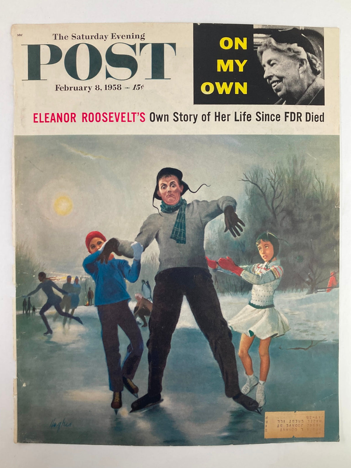 The Saturday Evening Post February 8 1958 cover showcasing Eleanor Roosevelt's story, illustrating a vibrant winter activity scene of ice skating with children and adults.