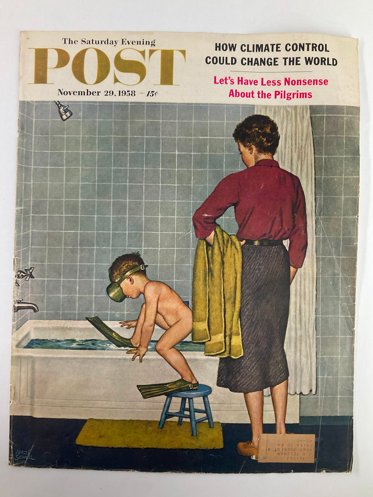 The Saturday Evening Post November 29 1958 Cover showcasing a nostalgic illustration of a child in snorkel gear, emphasizing the conversation about climate control, with a woman in the background.