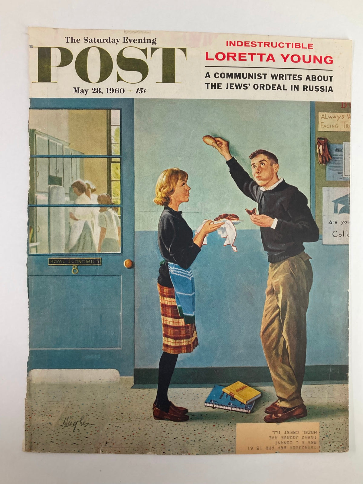 Vintage magazine cover of The Saturday Evening Post, dated May 28, 1960, showcasing Loretta Young with a classic home economics theme and rich colors.