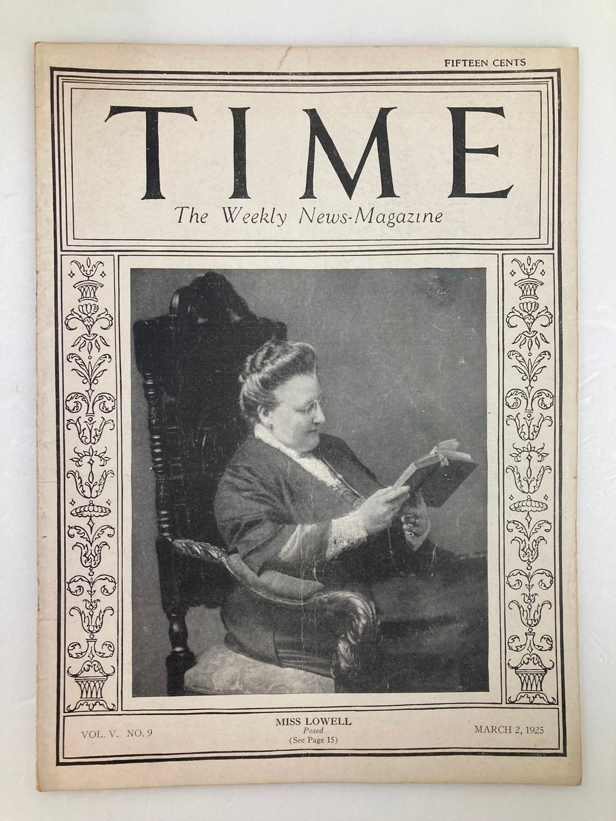 Cover of VTG Time Magazine from March 2, 1925, featuring Miss Lowell in an elegant pose, showcasing the vintage style of the publication.