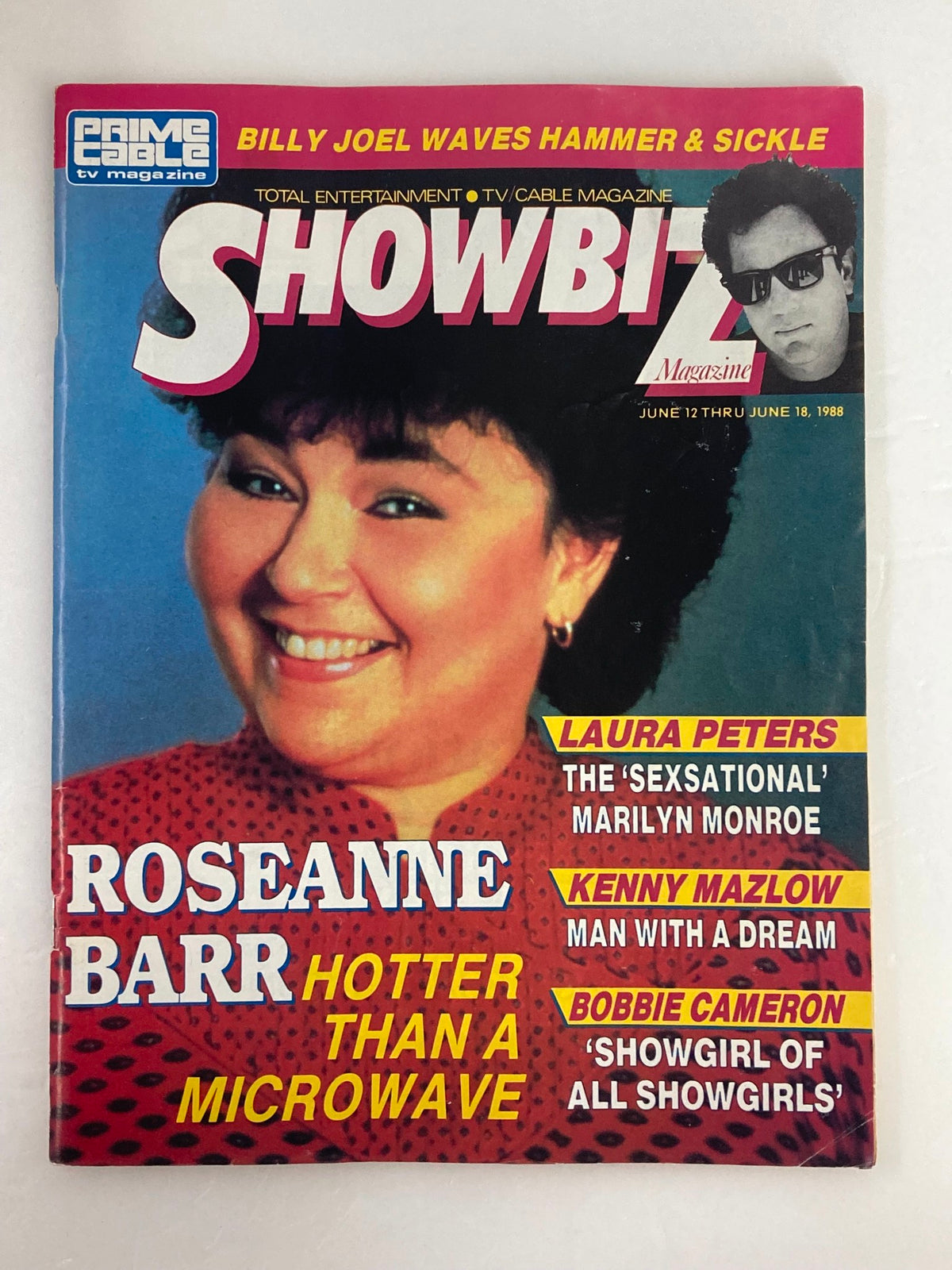 Cover of the VTG Showbiz Magazine June 12, 1988 featuring Roseanne Barr with the headline 'Hotter Than a Microwave' alongside Laura Peters, showcasing vintage entertainment appeal.