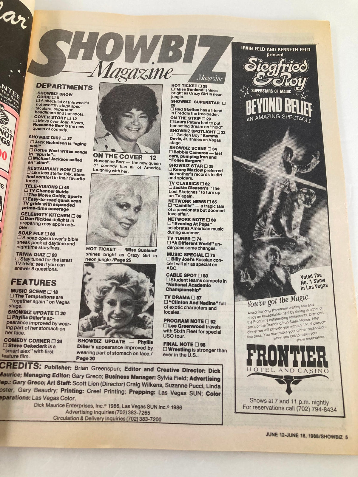 Interior page of the VTG Showbiz Magazine June 12, 1988, displaying features and articles including an overview of the magazine's content, highlighting Roseanne Barr as the cover star.