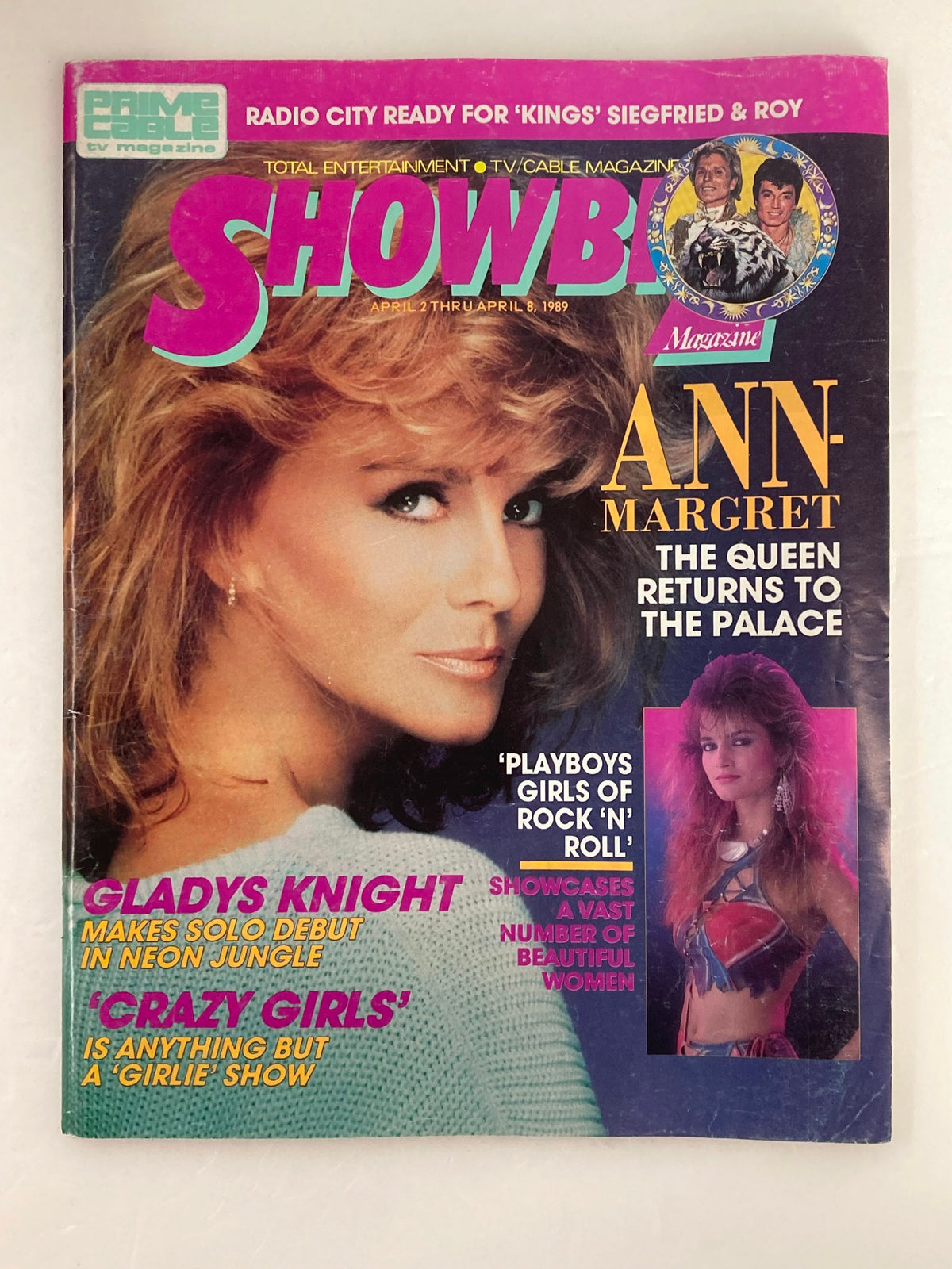 Cover of Showbiz Magazine April 7 1989 featuring Ann-Margret and Gladys Knight with vibrant colors and headlines celebrating their contributions to entertainment.