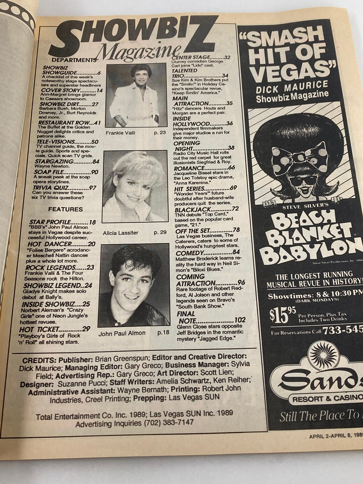 Inside page of Showbiz Magazine April 7 1989 displaying the table of contents including features on Ann-Margret, Gladys Knight, and other entertainers from the era.
