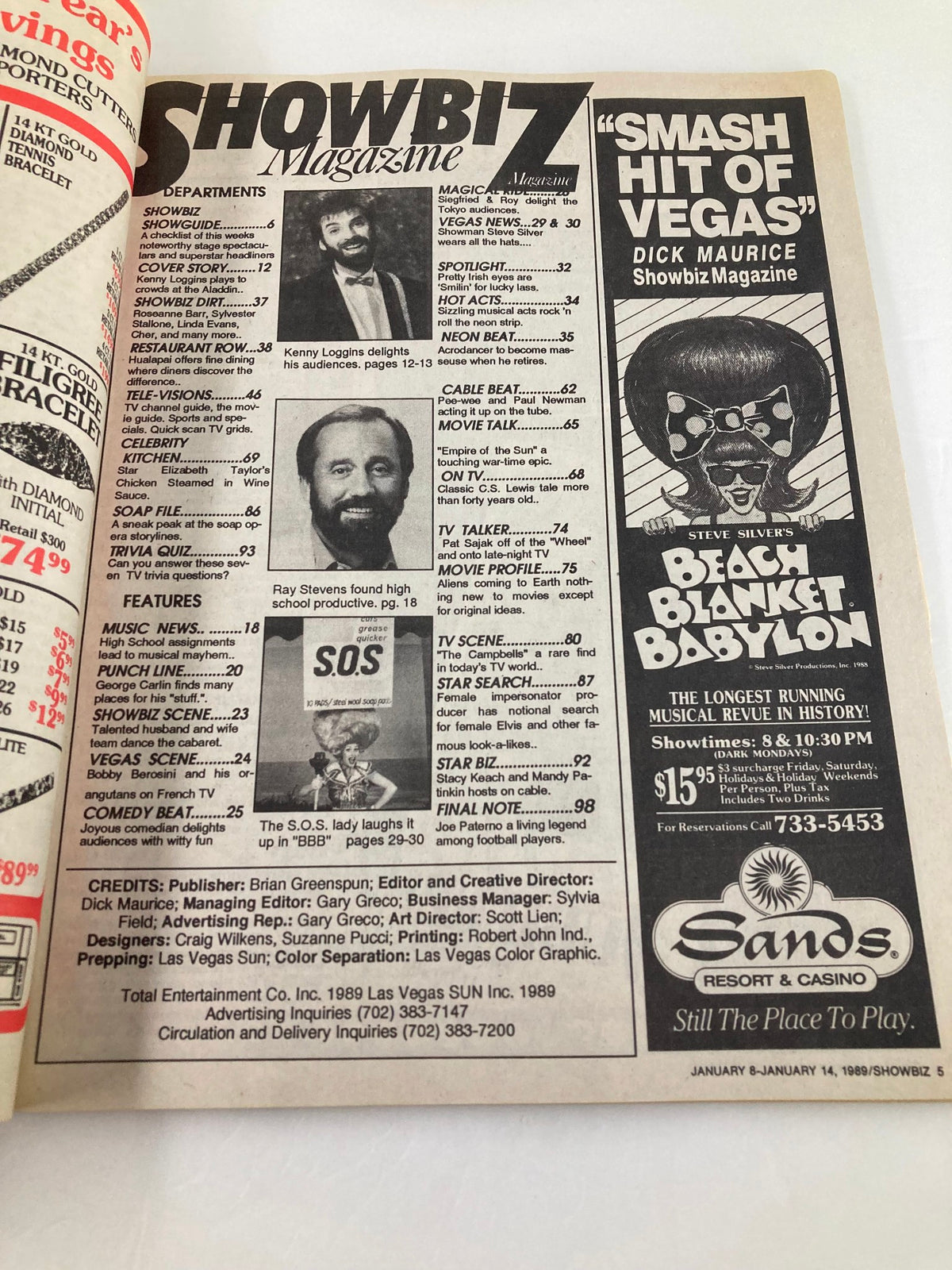 Interior page of VTG Showbiz Magazine January 8 1989 displaying table of contents with articles about Kenny Loggins and entertainment highlights.