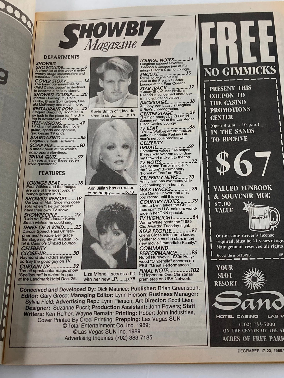 Inside page of Showbiz Magazine, December 17, 1989, showcasing magazine features, articles, and entertainment events during that era.