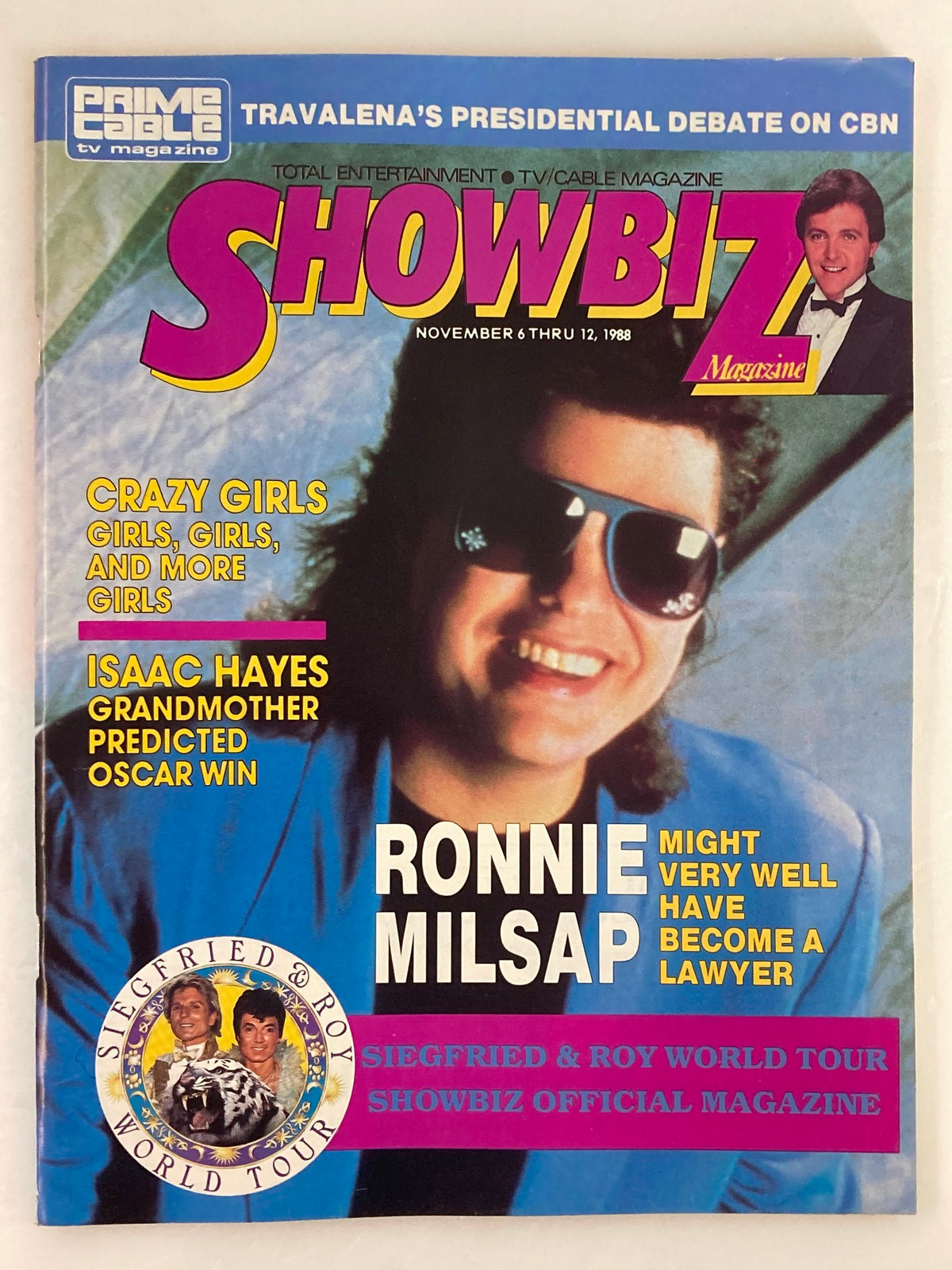 Cover of the VTG Showbiz Magazine from November 6, 1988, featuring Ronnie Milsap, with headlines about Siegfried & Roy's World Tour and entertainment topics of the era.