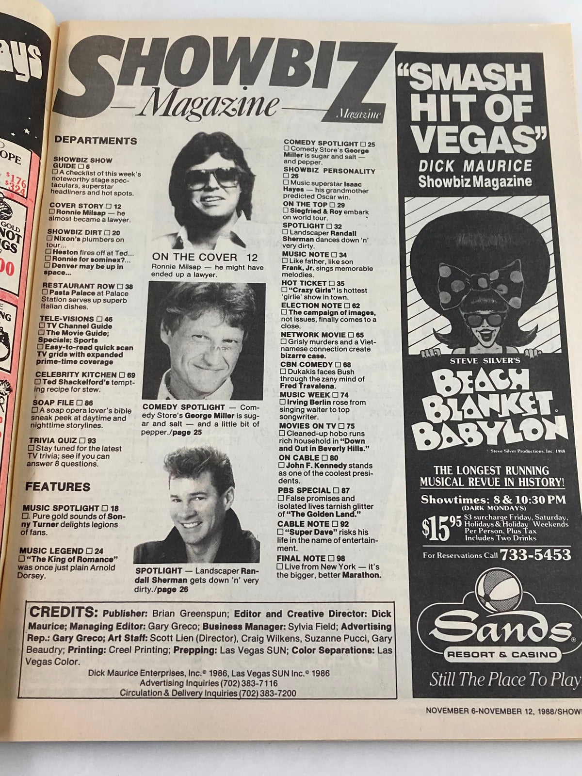 Showbiz Magazine cover from November 6, 1988, featuring Ronnie Mislap prominently displayed alongside sections like Comedy Spotlight and Music Legend. The layout showcases various entertainment articles, reflecting the style and cultural trends of the late 1980s in show business.