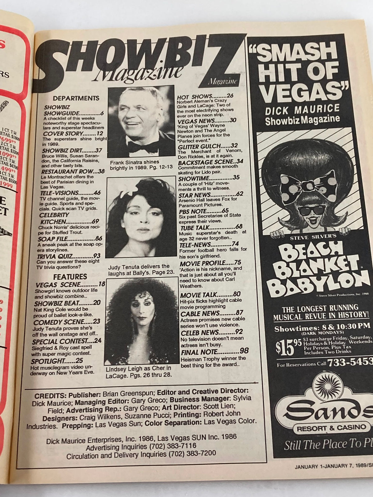 Inside page of VTG Showbiz Magazine January 1 1989 showcasing the contents and features of the magazine. Displays articles about major stars and pop culture events from 1989, perfect for enthusiasts of vintage entertainment.