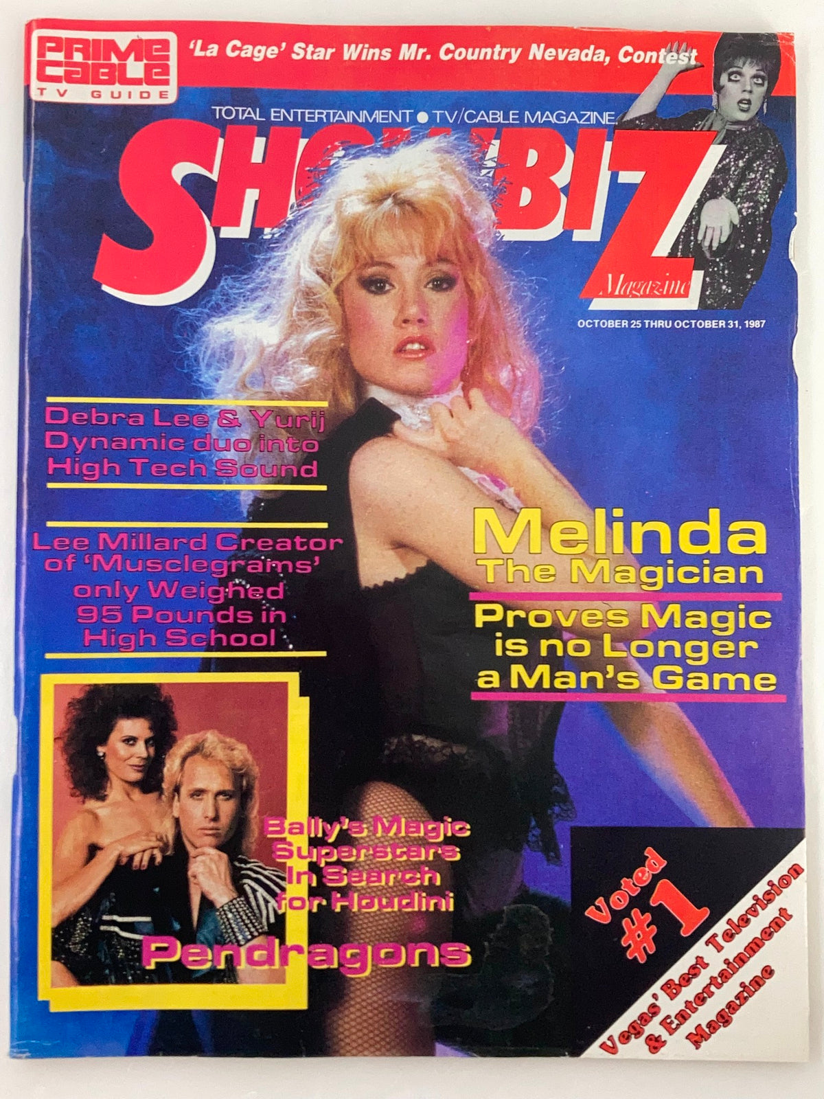 Showbiz Magazine cover from October 25, 1987 featuring Melinda The Magician, showcasing her captivating presence and vibrant design. The cover highlights various entertainers and articles related to magic.