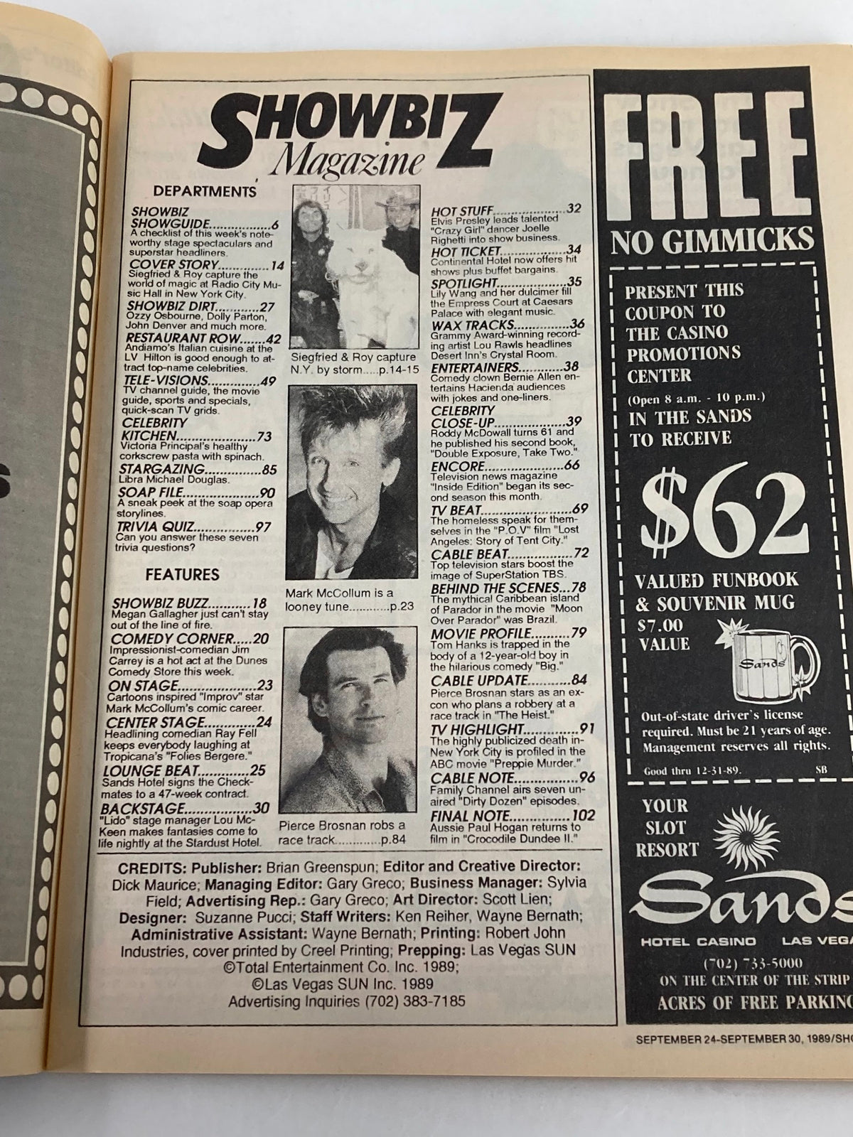 Inside page of Vintage Showbiz Magazine from September 24, 1989, showcasing the contents and features related to Siegfried & Roy, including the cover story and various entertainment highlights from that era.