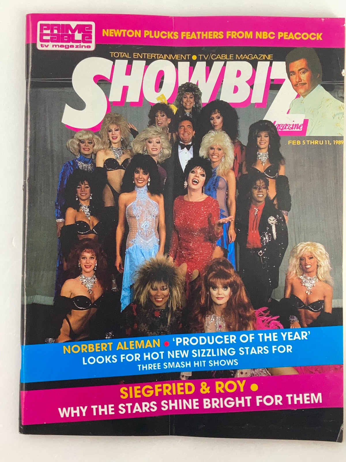 Cover of VTG Showbiz Magazine February 5 1989 featuring Norbert Aleman and Siegfried & Roy with a vibrant ensemble of performers.