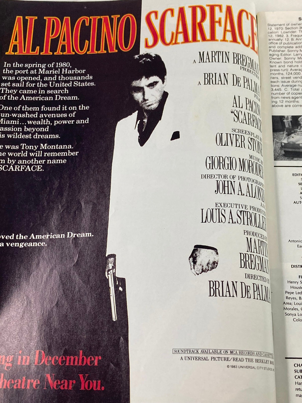 Page from VTG LowRider Magazine November 1983 showcasing the promotional poster for Al Pacino's 'Scarface', highlighting the movie’s release and its connection to 1980s culture.