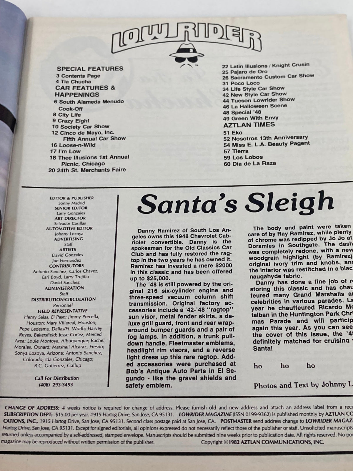 Table of contents from VTG LowRider Magazine December 1983 featuring special features and articles including Santa's Sleigh and various car shows.