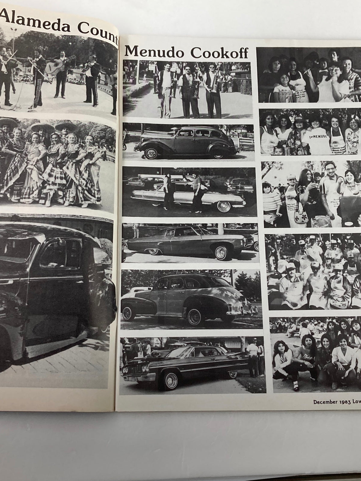 Pages of VTG LowRider Magazine December 1983 showcasing the Menudo Cookoff event with images of performers and classic lowrider vehicles.