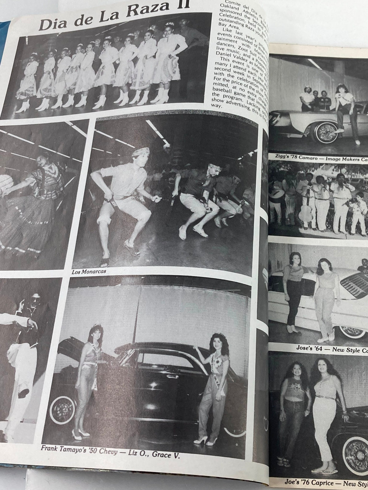 Día de la Raza II feature in VTG LowRider Magazine December 1983, displaying images of cultural performances and classic lowrider cars.